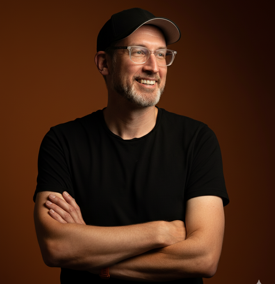 AJ Fisher smiling against a warm orange background